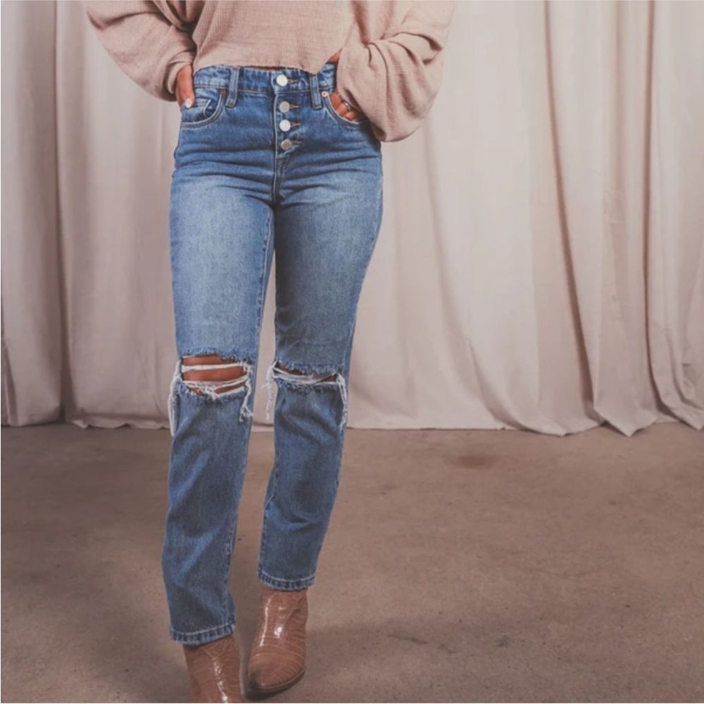 NWT Blank NYC The Madison Crop Distressed High Rise Button Fly Jeans 25 Rips
